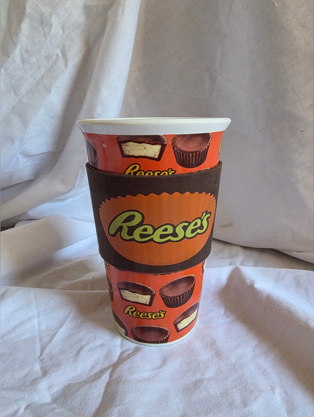 Reese's Orange Travel Coffee Cup with Brown Sleeve